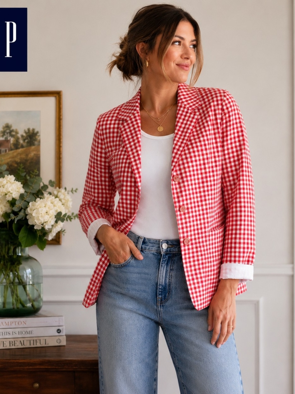 Vintage 1990s GAP Red White Gingham Blazer Jacket Size 10 Cottagecore Preppy